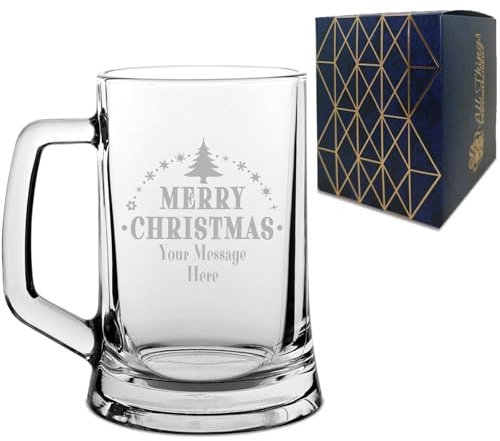 Personalised Engraved Novelty Christmas Beer Mug Tankard Stein with Merry Christmas Tree Design, Customise with Any Name or Message, Gift Box Included, Laser Engraved
