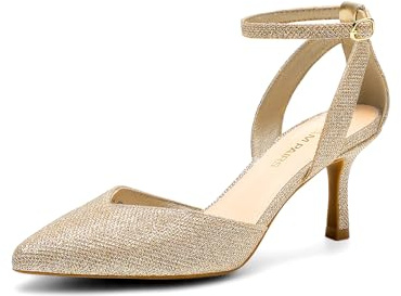 DREAM PAIRS Zapatos de tacón de aguja con punta cerrada y correa al tobillo para mujer, sandalias de vestir para boda, fiesta, Dorado (GOLD-GLITTER), 41 EU