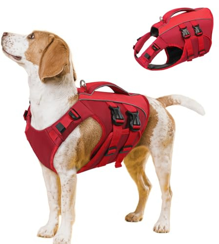 Queenmore Dog Life Jackets Large, Adjustable Life Vest With Rescue Handle, Reflective Dog Swimming Vest, Ripstop Preserver For Dachshund,Sausage,Corgi,French Bulldog,Pug (Red, L)