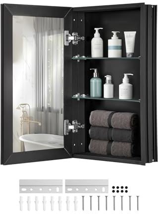 VEVOR Medicine Cabinet, 14 x 24 inches, Medicine Cabinet for Bathroom with Mirror, Aluminum Frame Bathroom Wall Cabinet, 2-Layer Adjustable Shelves, Recessed & Wall-Mounted Installation