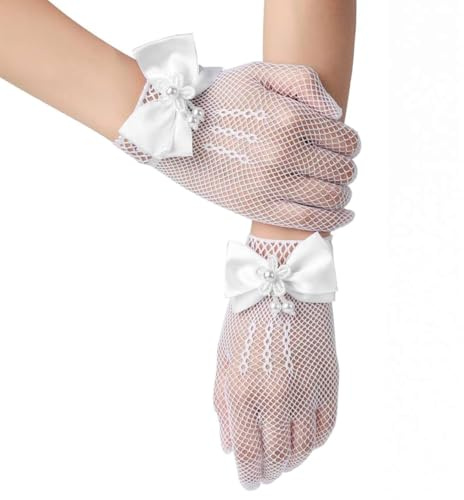 AffeGifts guanti bambina, guanti da sposa della ragazza dei fiori fishnet costume bianco puro guanti per Tea Party Santa comunione per 4-12 anni (Bianco)