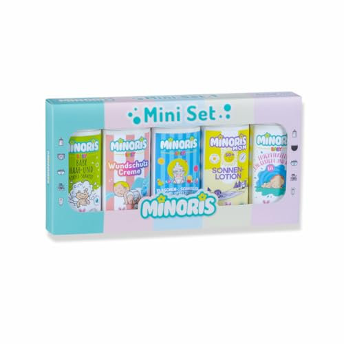 Minoris Willkommens-Baby Pflegeset Geschenkset Reisegröße 5 × 50 ml Travel Set – Bio, Naturkosmetik & Sanfte Pflege für Mutter & Kind | Hypoallergen, Vegan | Für Neugeborene, Leicht & Nicht Fettend