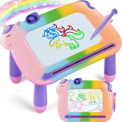 OFFCUP Magnetische Maltafel Kinder Zaubertafel ab 3 Jahr Bunt Magnetische Zeichenbrett Lernspielzeug mit 1 Form Stempel Spielzeug Geschenk für Kinder ab 3 Jahre Mädchen Jungen -Einhorn