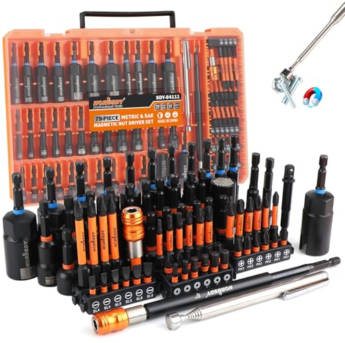Upgraded 79-Piece Magnetic Impact Nut Driver Set, Metric & SAE with 3LB Magnetic Pickup Tool, Socket Adapters, Wing Nut Driver, Universal Sockets, Quick-Change Bit Holder & Extensions, Power Bits
