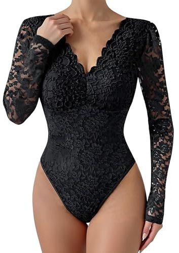 Ausing Women's One Piece Sexy Bodysuit Y2K Long Sleeve Lingerie Ladies Fitted Lace Tops for Women UK Tight Going Out Body Suits Bodycon Mesh Outfit Underwear V Neck Leotards Party Sheer Blouse Black L