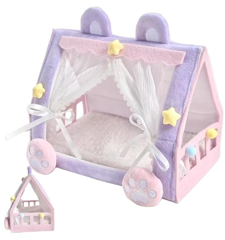 Puppenbett, verträumte, weiche, pelzige Matratze, Miniaturzelt mit Vorhang, niedliches Katzenpfoten-Puppenhausbett für entzückende Freunde aus Baumwollpuppe