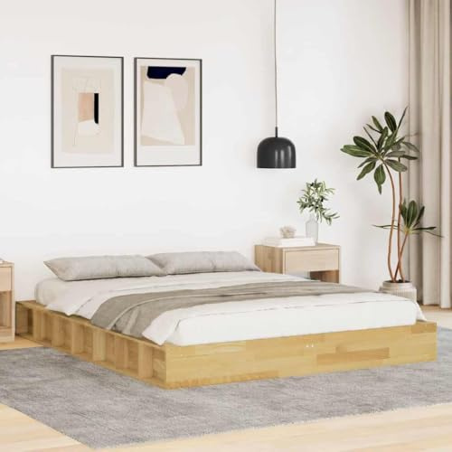 Yunovire Massivholzbett Eiche 150x200 cm, Robustes Bettgestell mit Lattenrost, offene Fächer, modernes Design für Schlafzimmer, langlebige Möbel