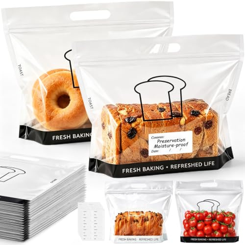 CoKeeSun 50 Stück Wiederverwendbare Plastik Brotbeutel, Klar Wieder verschließbare Brotaufbewahrungsbeutel mit 5 Etiketten, Luftdichte Frischhaltebeutel für Selbstgebackenes Brot, Baguette, Gebäck