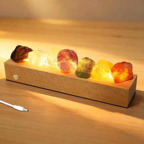 Lampe de sel Himalayano, Boule de Cristal Chakra 7 Couleurs avec Base en Bois LED, Lampe de Nuit Led pour Décoration D'Intérieur et Cadeau, Lampe de Sel à Sept Couleurs, Alimenté par batterie