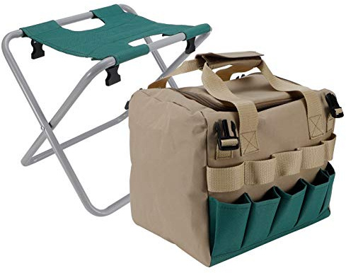 Pssopp Sgabello da Giardino Pieghevole Portatile Multifunzione con Borsa degli Attrezzi Tessuto Oxford 600D Design Facile da Trasportare per Campeggio all'aperto e Uso in Giardinaggio