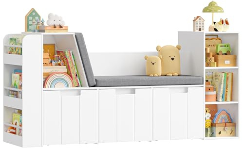 HOCSOK Scaffale per bambini, 156 cm, per bambini, con panchina, per giocattoli, per cameretta dei bambini, con ruote, colore bianco, 80 x 38 x 156 cm