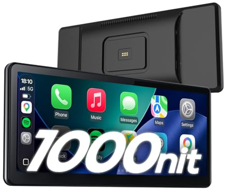 CarpodGo T4 8,9 1000 nits, 60 fps, portátil e inalámbrico, Compatible con Apple CarPlay Android Auto,Soporte magnético de liberación rápida con alimentación Mediante pogo-Pin,Pantalla táctil Full HD