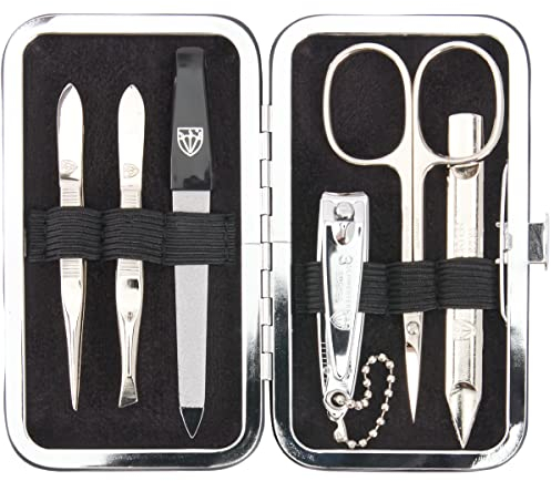 DREI SCHWERTER - 6-tlg. Maniküre Set 'Lucca' | Nagelset im ECHT LEDER - Etui | Inhalt: Hautschere, 2 Pinzetten, Doppelinstrument, Nagelknipser, Saphirnagelfeile - schwarz