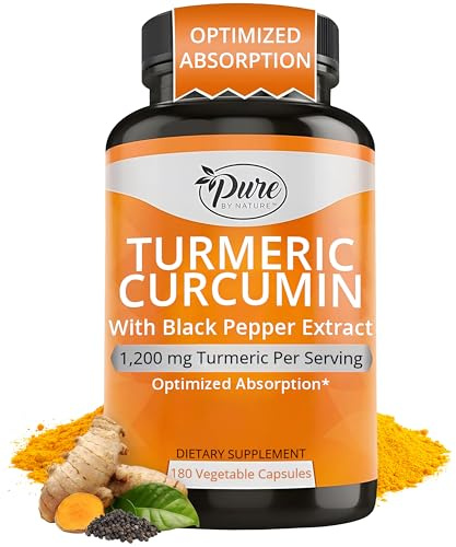 Pure By Nature Turmeric with Black Pepper Extract (90 Day Supply) 95% Curcuminoids, 1200 mg per Serving, Turmeric Curcumin Supplement Organic, High Absorption Antioxidant Support (180 Count)