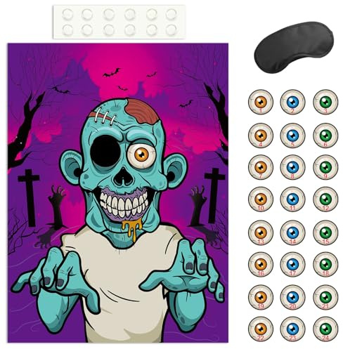 FEPITO Pin the Eyeball auf dem Zombie Halloween Spiel mit 24 Stück Zombie Augapfel Aufklebern für Halloween Party Gefälligkeiten, Halloween Dekorationen