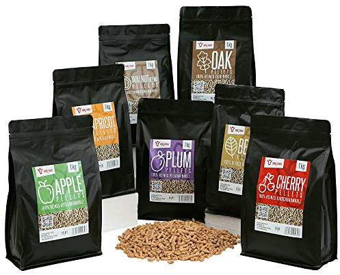 BBQ-TORO Set de Pellets 100% Madera | 7 Variedades de 1 Kg c/u | Kit de Pellets para Barbacoa, Ahumador, Horno para Pizza de Pellets y Sistemas de Calefacción | Pellets Surtidos | Set de Pellets