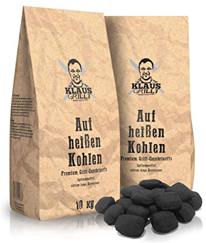 Klaus grillt auf heißen Kohlen Cocos Grillketts Premium Grillbriketts aus Kokos-Kohle - 20kg - extra Lange Brenndauer - ideal für Dutch Oven, Smoker Grillbriketts