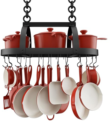 KES Ceiling Pot Rack 34-Inch Hanging Pot Rack for Kitchen Oval Pot and Pan Rack Matte Black Pot Hanger with 20 S Hooks (For 16 and 24 Joist), KUR221S85-BK