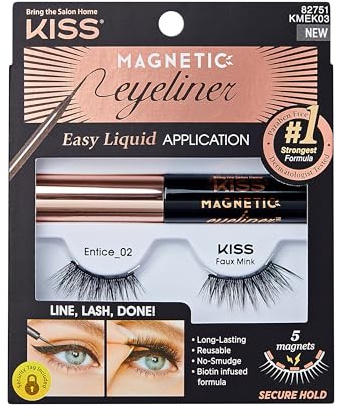 KISS Magnetic Eyeliner & Lash Kit, Entice, 1 Paar synthetische falsche Wimpern mit 5 doppelten Magneten und wischfest, Biotin Infused Black Magnetic Eyeliner mit Präzisionspinsel