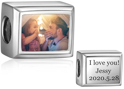 Personalisierte Foto Charms Silber 925 - Perle Mit Ihrem Erinnerung Bild - European Bead Charms Fit Halskette Pandora Armband - Geschenk Zum Geburtstag Xmas Baby Andenken (Silber-Rechteck-Text)