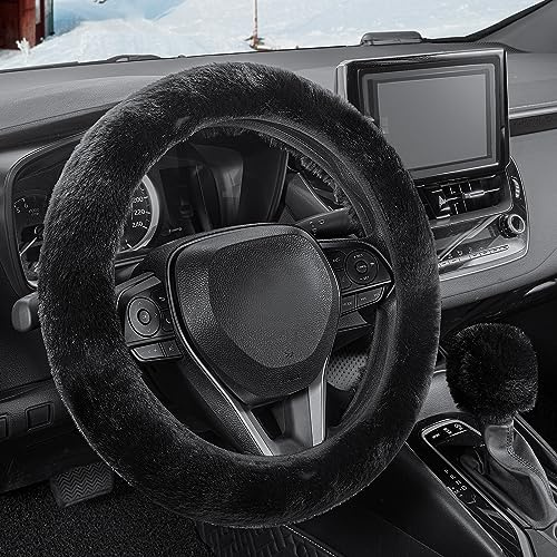 SEG Direct Pelziger Auto Lenkradbezug mit Flauschigem Schalthebelbezug, Weicher und Bequemer Lenkradbezug Plüsch-Autodekoration für Männer, Frauen, 37–39 cm, Schwarz