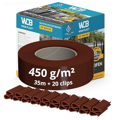WDB - Sichtschutzstreifen für Doppelstabmatten Sichtschutz Zaun | PVC Windschutz Basic Line - 4,75 cm x 35 m + 20 Stück Befestigungsclips - Braun - RAL 8011