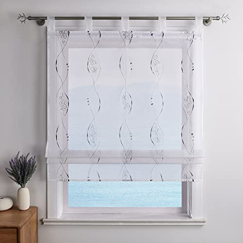 ESLIR Raffrollo mit Schlaufen Gardinen Küche Modern Raffgardinen Transparent Schlaufenrollo Bestickt Vorhänge mit Stickerei Grau BxH 120x140cm 1 Stück