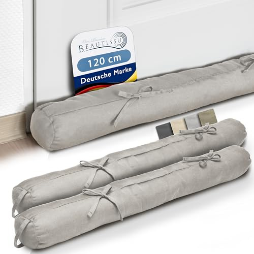 Beautissu Set di 2 Paraspifferi Imbottito per Porte e finestre con Laccio | 120x10cm Grigio con fermaporta e Pratica asola finestra porta salvacalore Viento