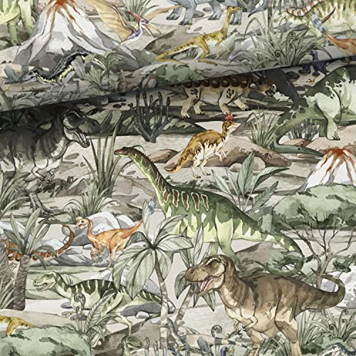 100x150cm Baumwollstoff mit Dinosaurier aus 100% Baumwolle - Stoffe zum Nähen für Kinder & Teenager mit über 10 Dino Arten - Trex Kinderstoffe - Premium Baumwollstoffe - keine Meterware - Dinoland