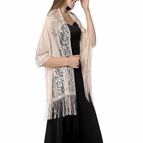 Proumhang Lady Elegance-sjal,Kvinnors Blommiga Spetsar Halsduk Sjal med Tofsar,Mjuka Mesh Fringe Wraps för Bröllop Kväll Festklänningar 185cm x 65cm Beige