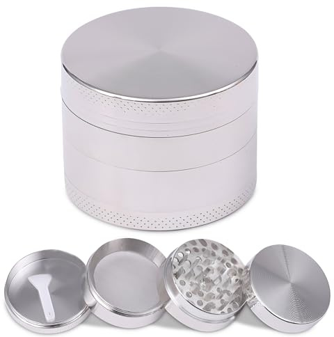Aluminium Herb Grinder 50mm – 4 Piece Spice Crusher with Pollen Catcher | Sharp Teeth, Magnetic Lid & Fine Mesh Screen | Durable Metal Herb Mill for Smooth Grinding (Silver)