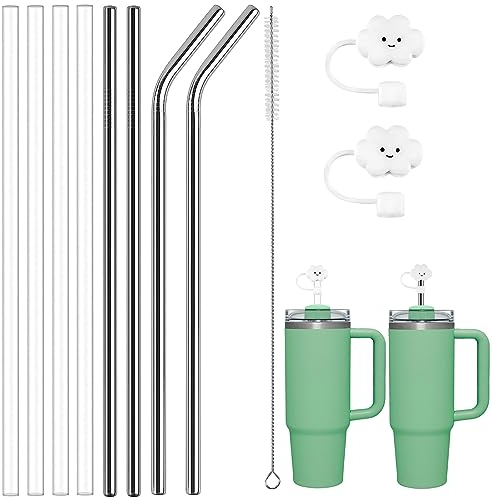 BOZILY 8 Pack Plastic & Stainless Steel Replacement Straws for Stanley 40oz Adventure Tumbler, BPA-Free Reusable Straws with Cleaning Brush and 2 Straw Covers for Stanley Cup Accessories