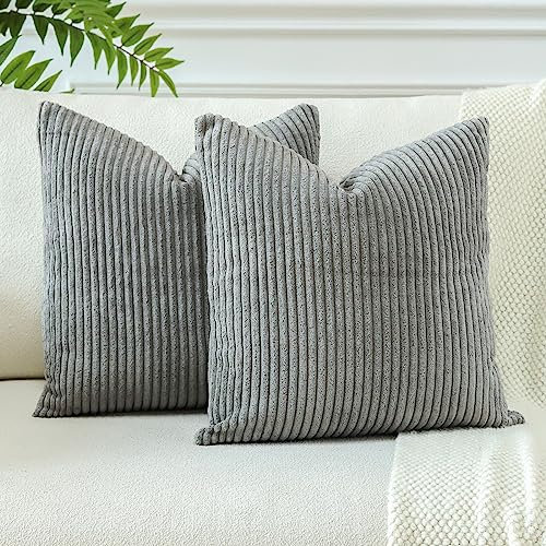 JOTOM Corduroy Soft Striped Boho Decorative Throw Pillow Covers 22x22 Inch Cushion Covers 55x55 cm Square Pillowcase for Couch Sofa Living Room Bed Home Decor Cushion Case Set of 2 (Grey)