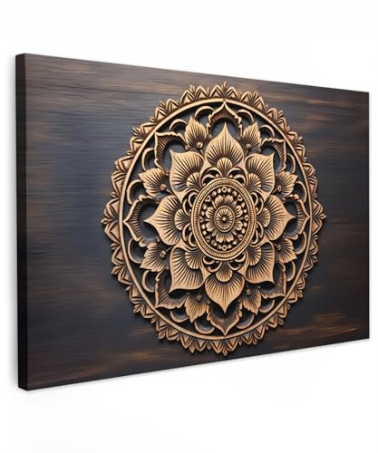 MuchoWow© Bild auf Leinwand Schlafzimmer Bilder Wand Deko Wohnzimmer Modern | 90x60 cm - Wanddeko Bilderwand Geschenk Mandala - Holz - Blumen - Braun