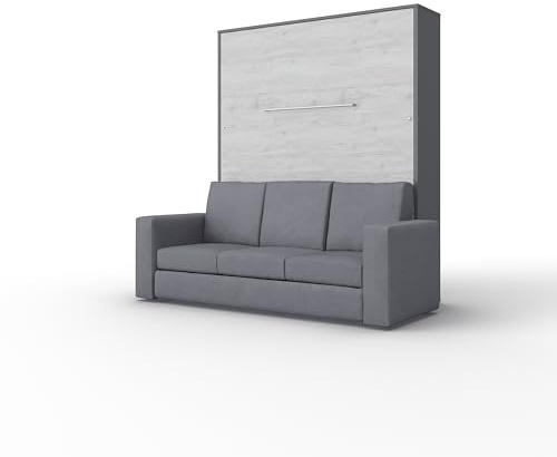 MAXIMAHOUSE Schrankbett vertikale mit Sofa, Invento LED 160V mit Lattenrost aus Holz, Wandklappbett 160x200 Erwachsene, modern Concept und Design (Grau/Eiche Monaco + graues Sofa)