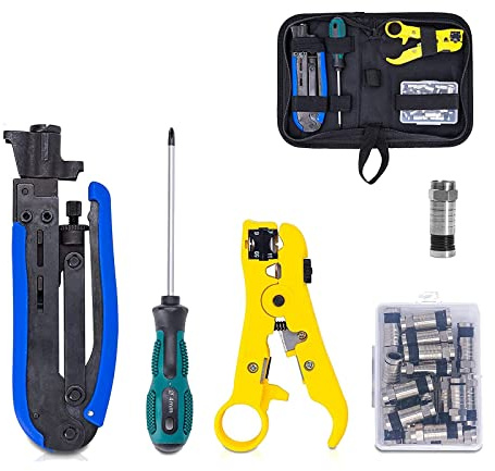 ziyuan Kit de Herramientas de CompresióN Coaxial Crimpadora Coaxial y Herramienta de Crimpado Rg6 con 20 Conectores de CompresióN F