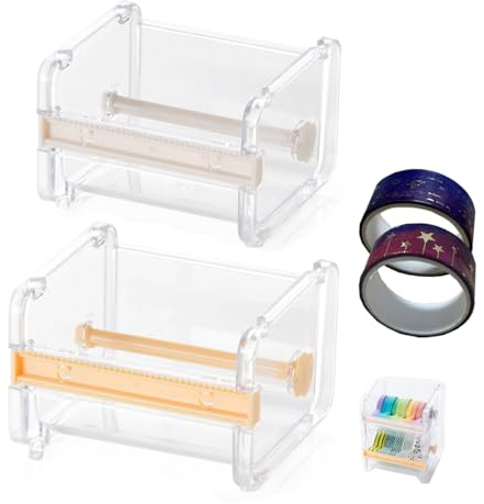 2 Pack Washi Tape Dispenser with 2 Rolls Tape, Adhesive Tape Dispenser Haterung, Organiser, DIY Tape, Masking Tape Cutter for Offices, Schools and Private Home, Beige, Orange (Include 2 Rolls Tape)