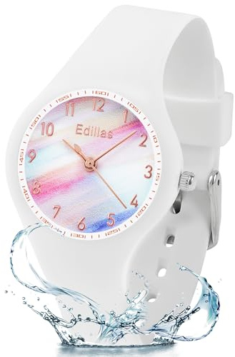 Edillas Kids Watch Analog for Girls Boys, 50M Water Proof Children Quartz Watch for Kids, Students with Soft Silicone Strap, Easy to Read Learn time (White)