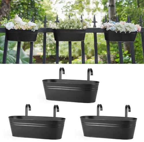 Dahey 3 Pcs Metal Hanging Flower Pots for Railing Fence Outdoor Planter 15.7 Inch Hanging Bucket Pots Countryside Window Flower Plant Holder with Detachable Hooks for Garden Yard Home Decor,Black