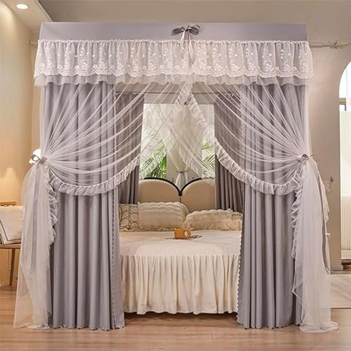 guoiooi Bettvorhang Betthimmel Rosa Luxus Spitze Bestickter Luxus Prinzessin DREI Seitenöffnungen Bettvorhang Mit 4 Eckpfosten,Moskitonetz Mesh Post Mit Ständer,Schlafzimmerdekoration(Gray,Double)