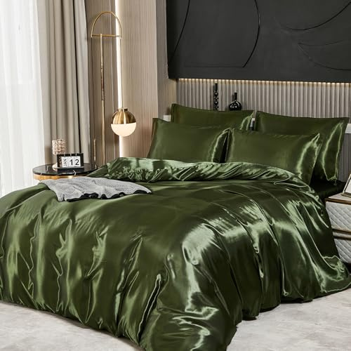 Guchuang Bedding Silk Satin Complete Bedding Set 6 Pieces Olive Green Double Size Duvet Cover Luxury Shiny Ultra Soft Microfiber Quilt Cover 200x200cm with 1 Fitted Sheet, 4 Pillowcases