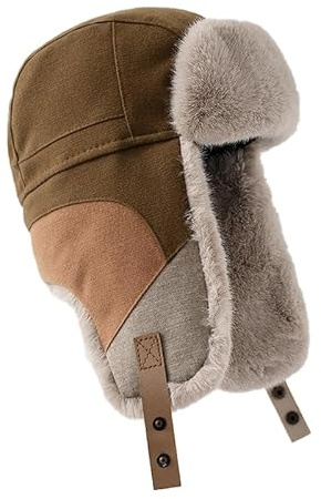 bomhys Russische Mütze Russische Mütze Für Herren, Ohrenklappen-Pilot-Bombermütze, Winter-Spleiß-Kunstpelz, Uschanka-Trapper, Verdickte Warme Mütze, Damen-Skimütze, Kaffee, 56–60 cm