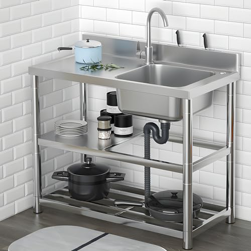 Stainless Steel Single Bowl Utility Sink Set, Stainless Steel Sink with Cold and Hot Water Pipe, Free Standing Single Bowl Kitchen Sink w/Workbench & Storage Shelves Indoor Outdoor