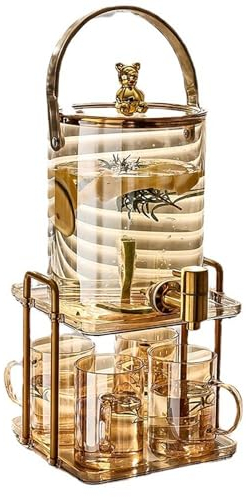 Glass Drink Dispenser with Tap and Stand - 3.5L Beverage Dispenser with 4 glasses for Cocktail Punch, Juice, Party - High Temperature Resistance Water Jug Cup