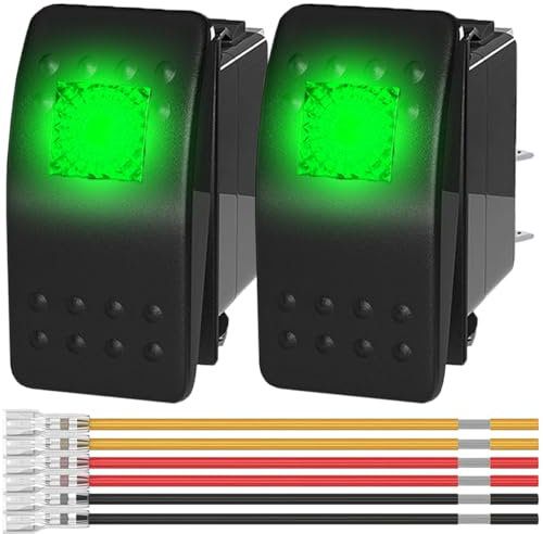 MKBKLLJY 2St. Marine Wippschalter 12V Beleuchteter Kippschalter Grünes LED Licht Beleuchtet 3Pin SPST 2Position ON/Off Wasserdicht mit verriegelten Klemmen Drähte für Boot UTV RZR ATV Auto