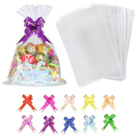 Cellophane Bags,100pcs Cellophane Bags with 100pcs Colorful Pull Bows & 100pc Colorful Ties, Flat Bottom Sweets Clear Bags for Present Packaging of Christmas, Birthday, Halloween