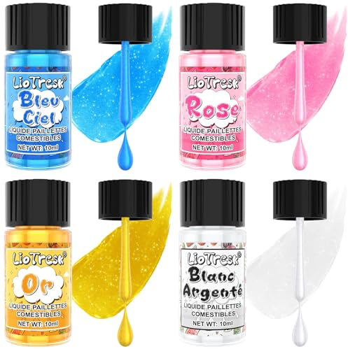 Paillettes Alimentaires Comestibles, 4 Couleurs Liquide Paillettes Comestibles Colorants Alimentaires Peinture pour Gâteau, Colorant Alimentaire Poudre pour La Décoration, Glaçage, Cocktails - 10ml