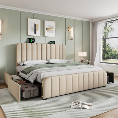 Dolamaní Polsterbett Doppelbett 180x200 cm Beige mit Lattenrost, Stauraumbett mit Polstertes Kopfteil, Leinen-Material, 4 Schubladen Stauraum Funktionsbett Schlafzimmer Bett
