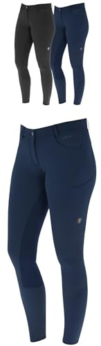 Covalliero - Damen Reithose Vollbesatz mit Lederimitat | Reitleggings mit 2 Handytaschen | Herbst & Winter Reiterhose | atmungsaktiv & elastisch | Reitbekleidung in Dark Navy | Größe 34