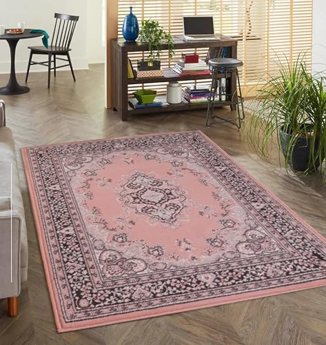 Lord of Rugs Lancashire Tappeto tradizionale per soggiorno, camera da letto, corridoio e salotto, tappeto classico con bordo floreale medaglione, tappeto orientale rosa cipria, medio, 120 x 160 cm